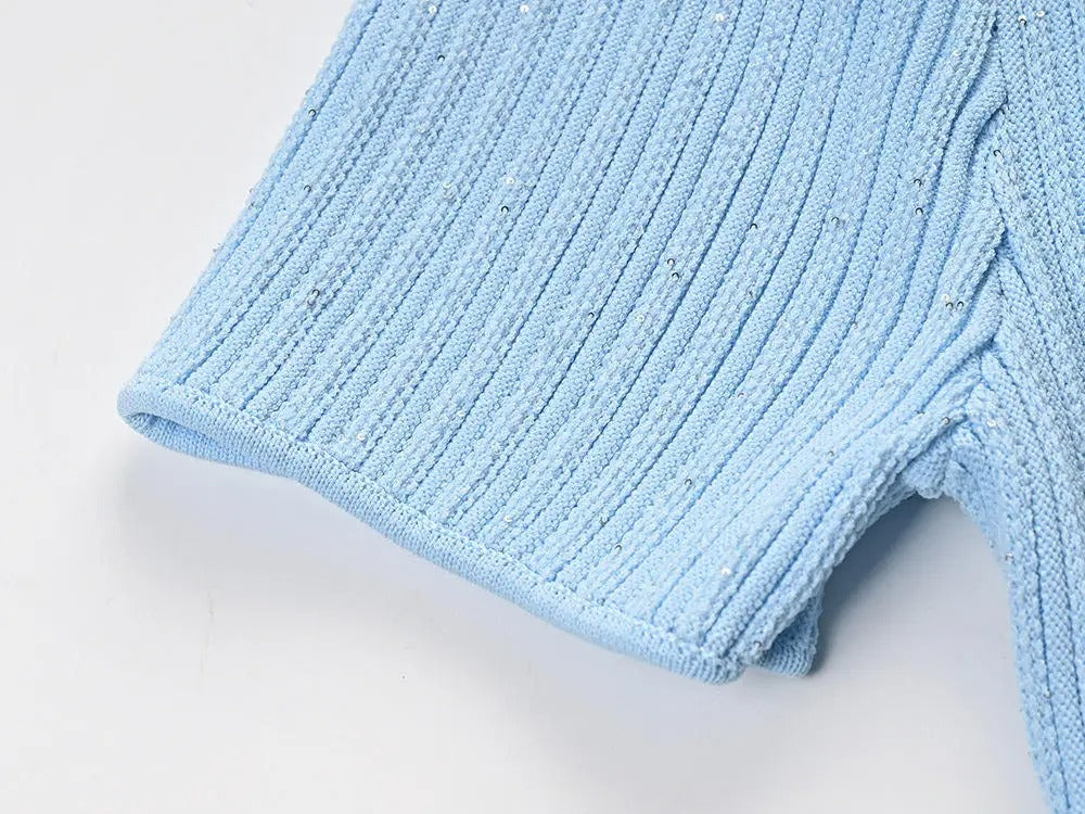 Light blue ribbed knit dress with collar and short sleeves