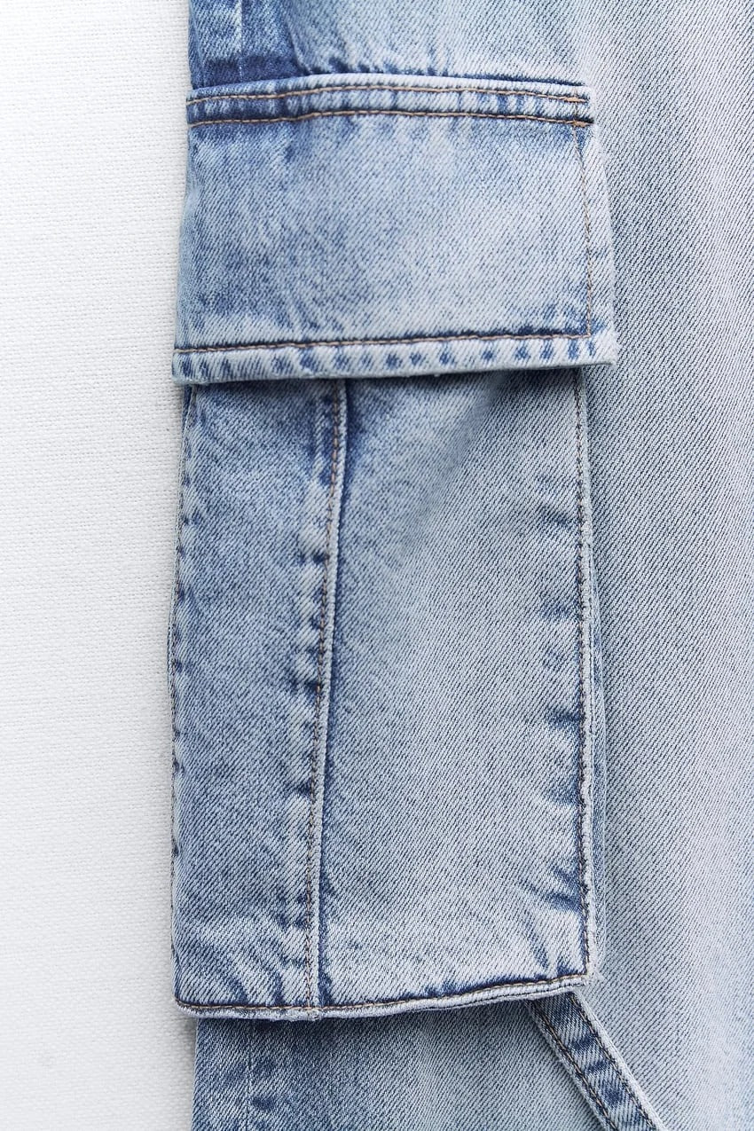 Wide-Leg Cargo Jeans with Buckle Straps in Light Blue Wash
