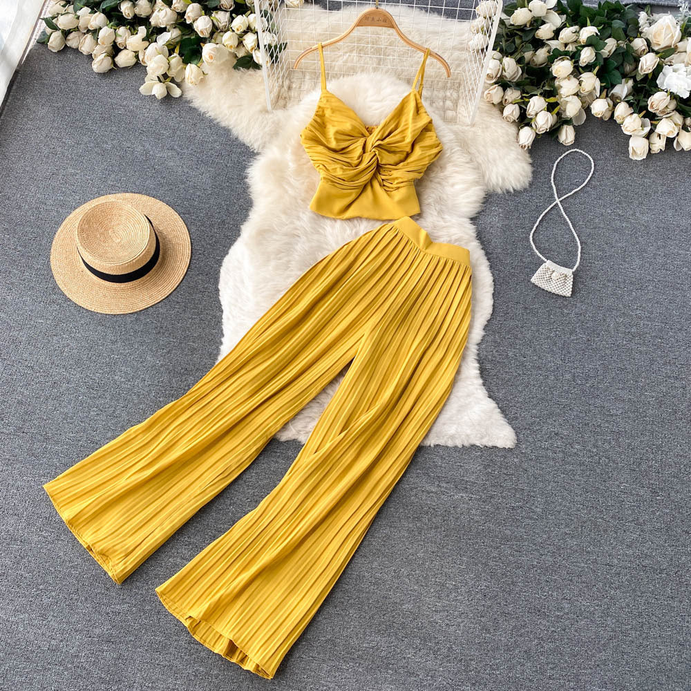 Yellow pleated two-piece set with cropped top