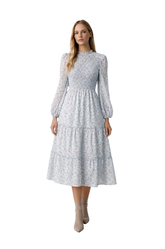 Light blue floral smocked midi dress with long sleeves