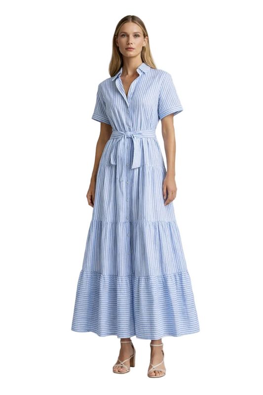 Light blue striped shirt dress with tie waist and tiered skirt