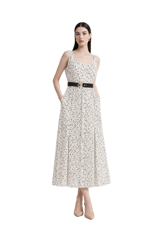 Cream sleeveless midi dress with print and belt detail