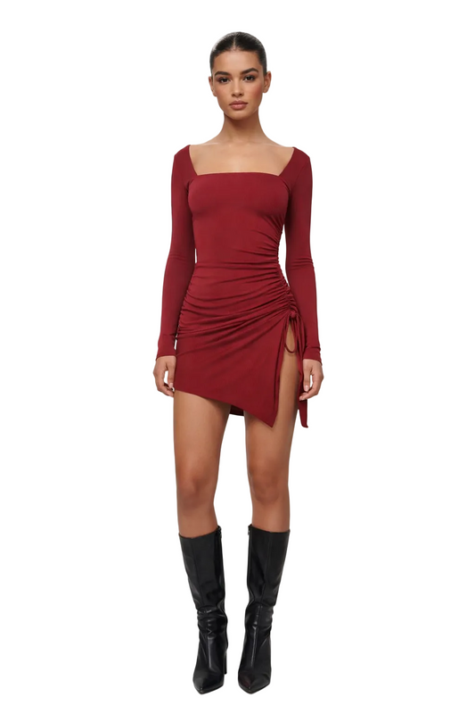 Red long-sleeve mini dress with square neckline and side ruching