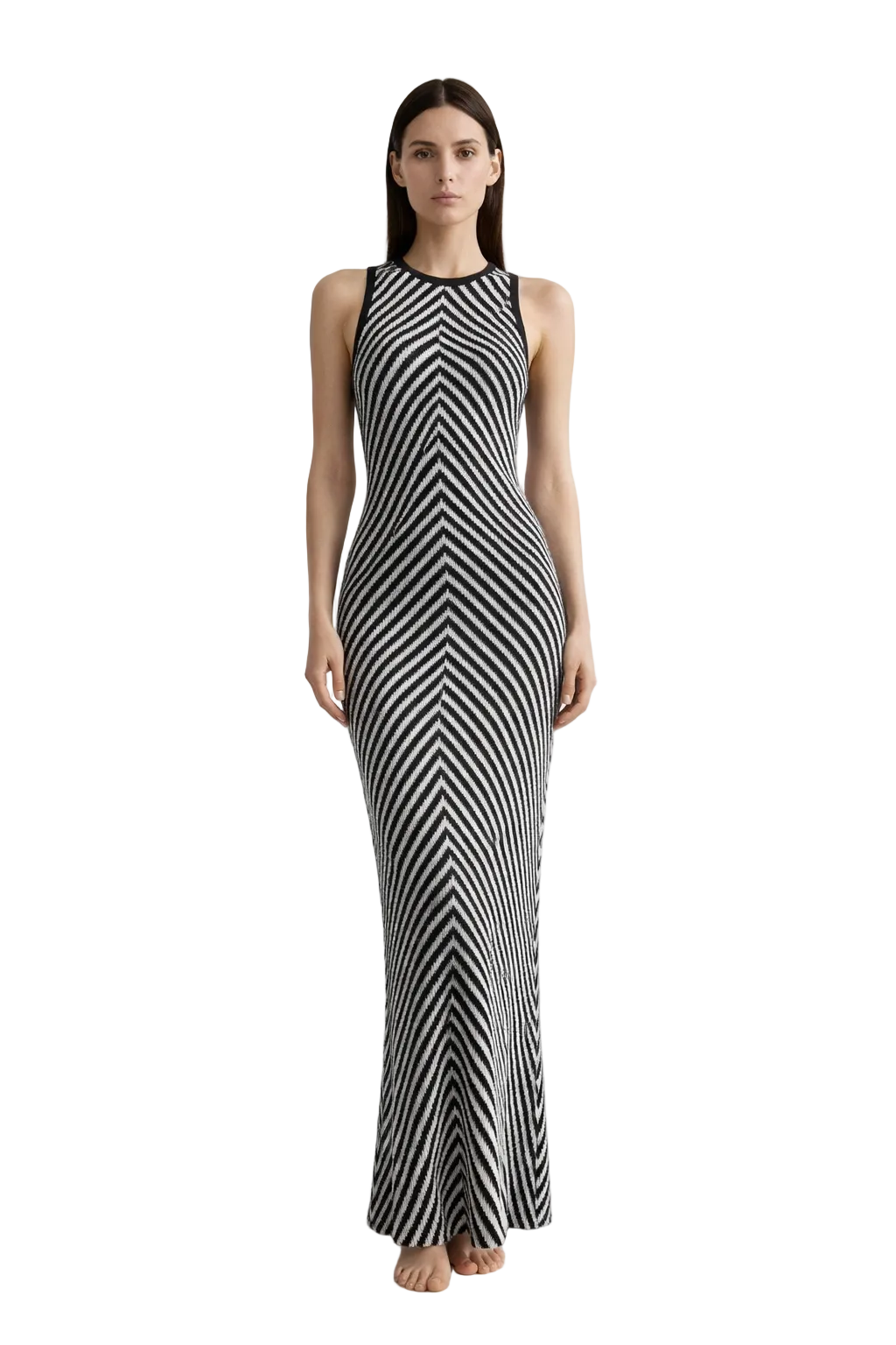 Black and white striped sleeveless maxi dress with high neckline