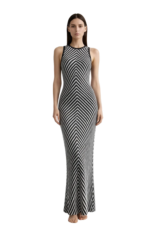 Black and white striped sleeveless maxi dress with high neckline