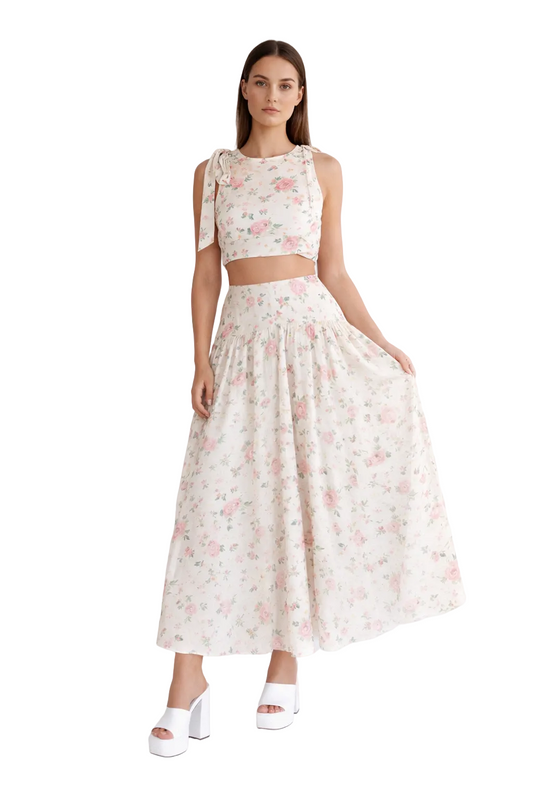 Cream floral cropped top and midi skirt set with bow detail