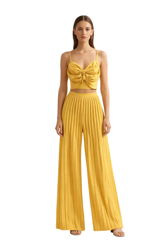 Yellow pleated two-piece set with cropped top