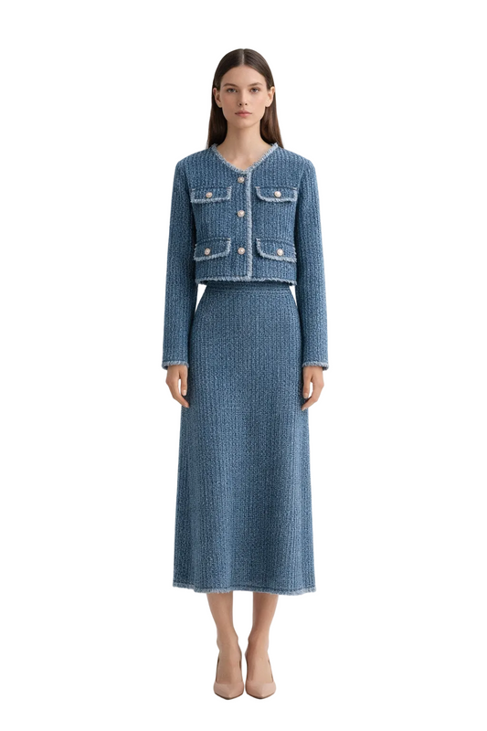 Blue tweed two-piece set with cropped jacket