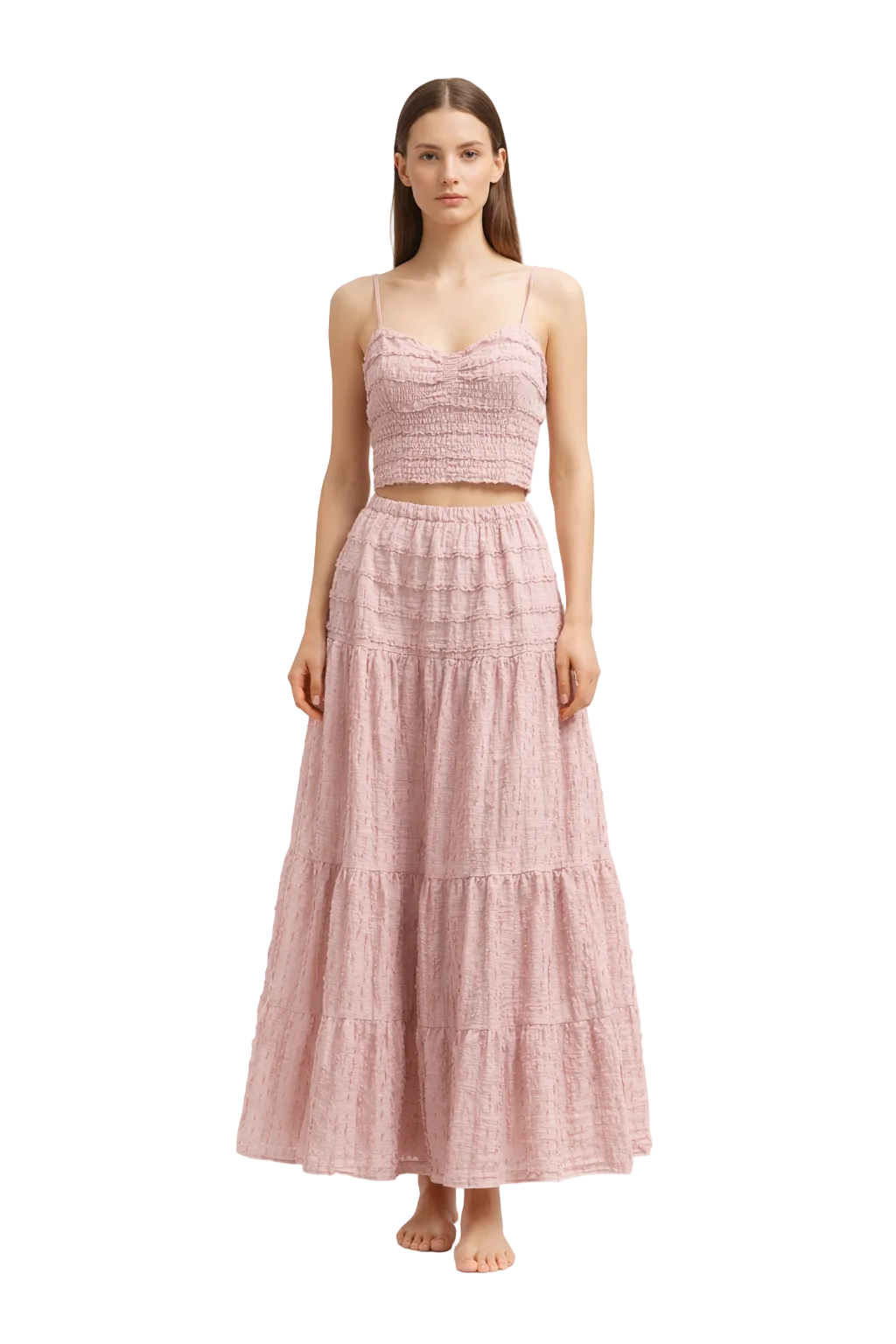 Light pink two-piece set with smocked top and tiered skirt