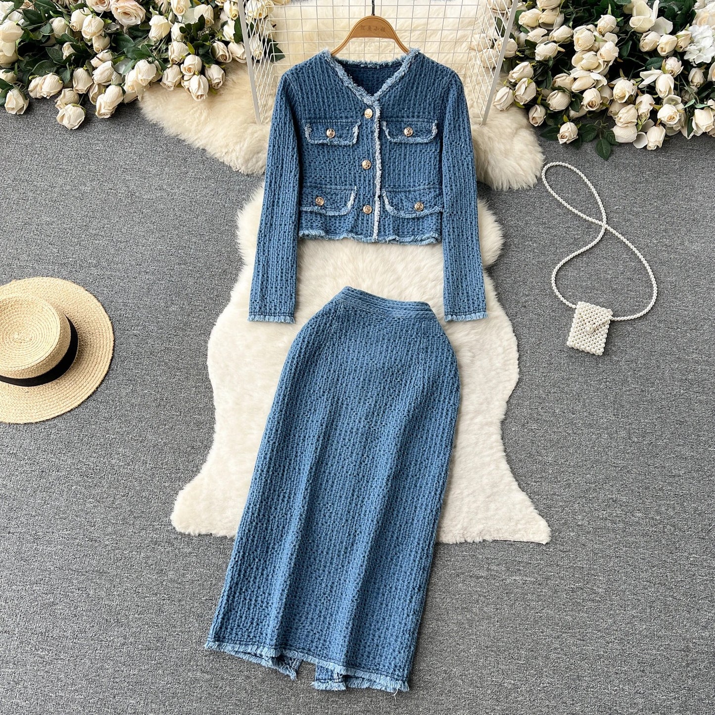 Blue tweed two-piece set with cropped jacket