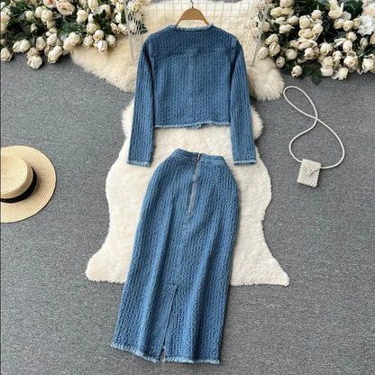 Blue tweed two-piece set with cropped jacket
