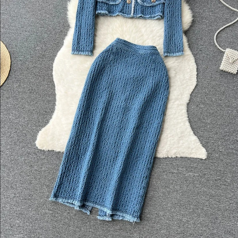 Blue tweed two-piece set with cropped jacket