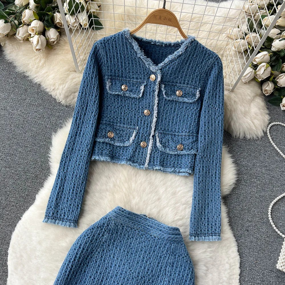 Blue tweed two-piece set with cropped jacket