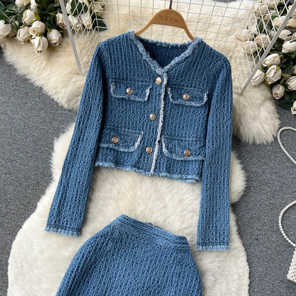 Blue tweed two-piece set with cropped jacket