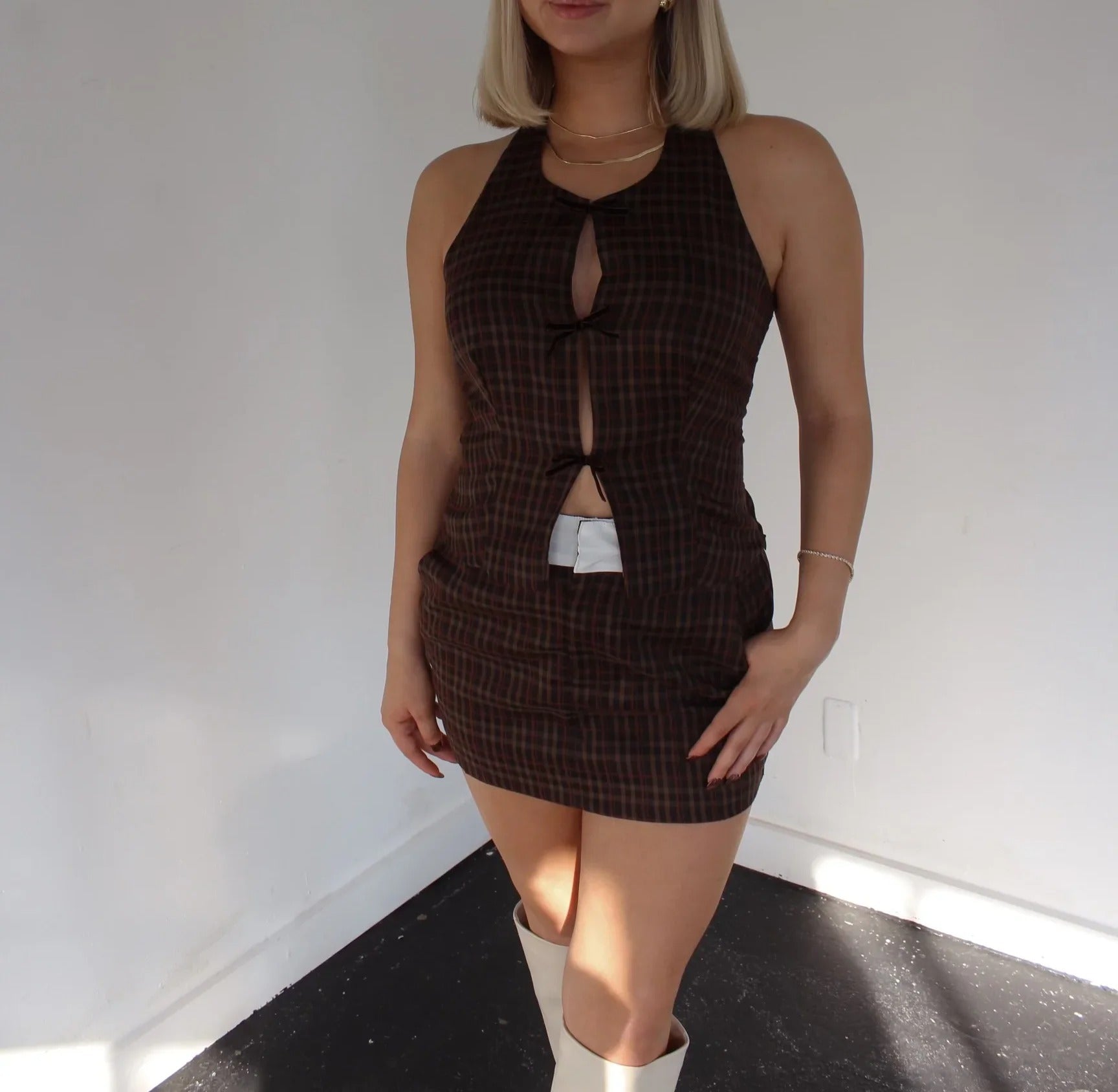 Brown plaid two-piece set with cut-out top