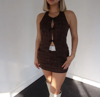 Brown plaid two-piece set with cut-out top