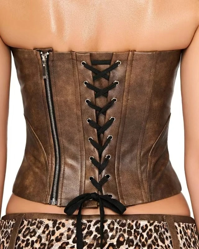 Brown strapless corset top and mini skirt set with animal print detail
