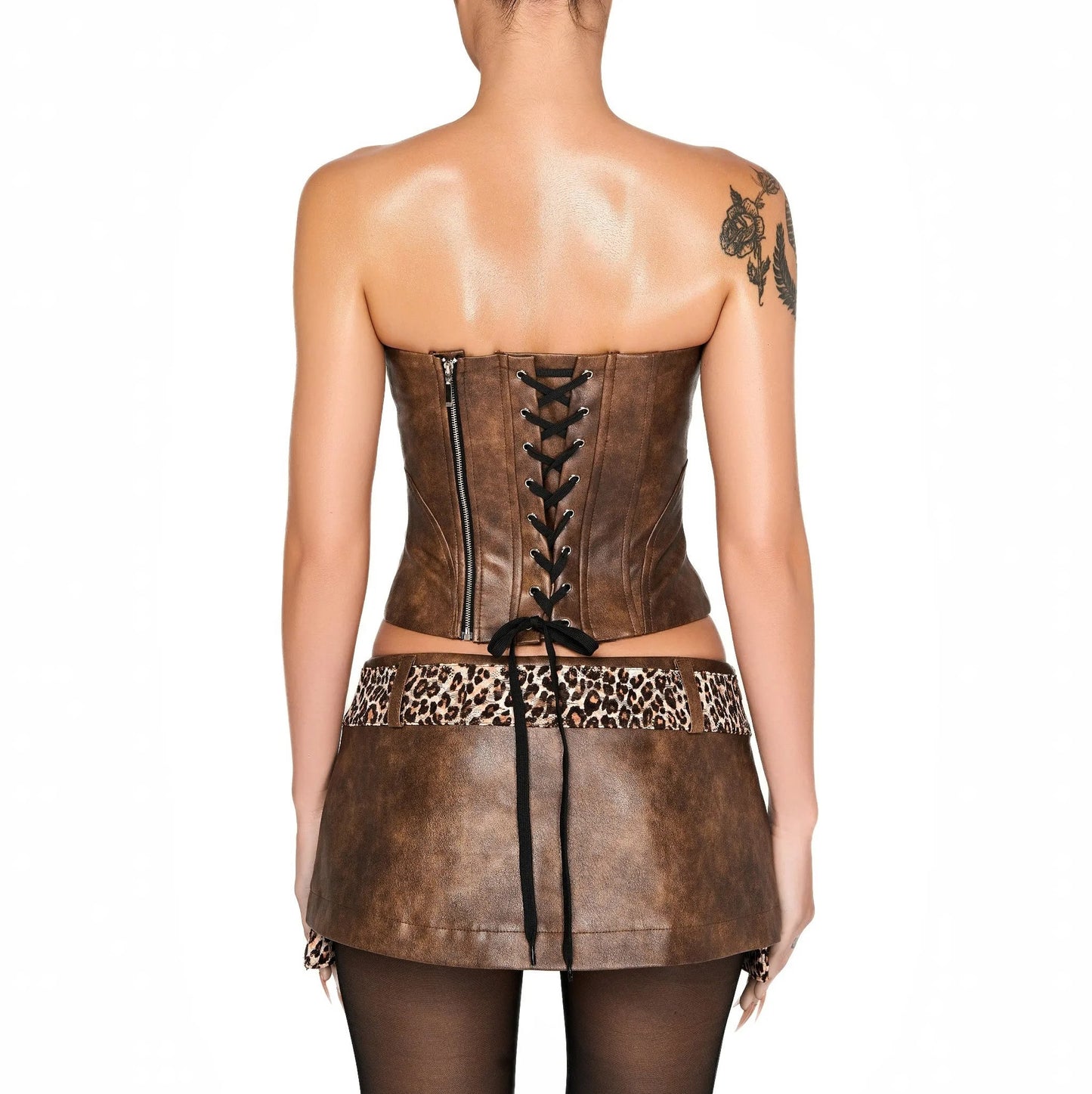 Brown strapless corset top and mini skirt set with animal print detail