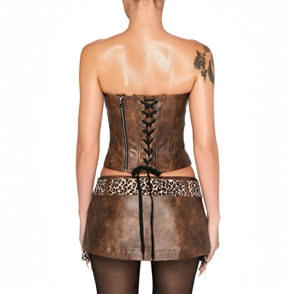 Brown strapless corset top and mini skirt set with animal print detail