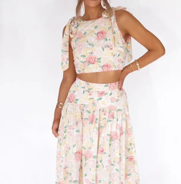 Cream floral cropped top and midi skirt set with bow detail