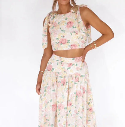 Cream floral cropped top and midi skirt set with bow detail