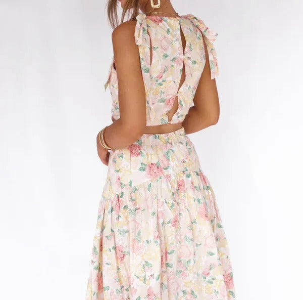 Cream floral cropped top and midi skirt set with bow detail