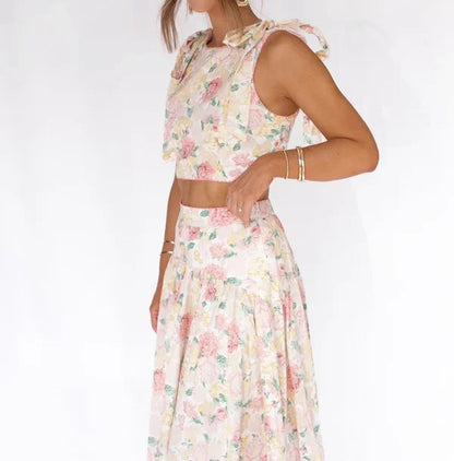 Cream floral cropped top and midi skirt set with bow detail