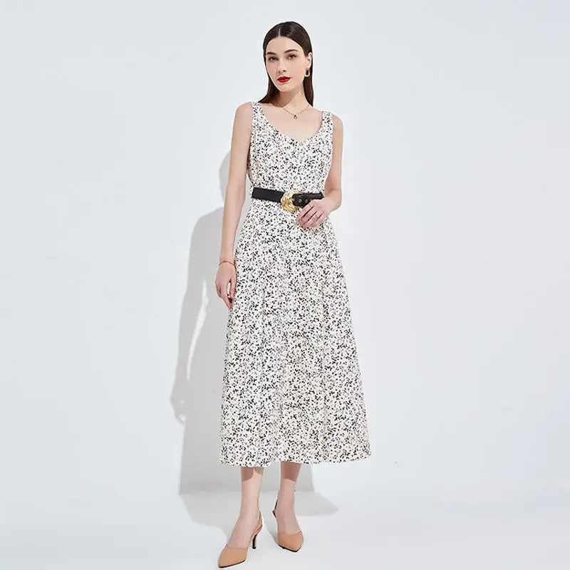 Cream sleeveless midi dress with print and belt detail
