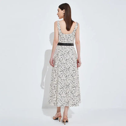 Cream sleeveless midi dress with print and belt detail