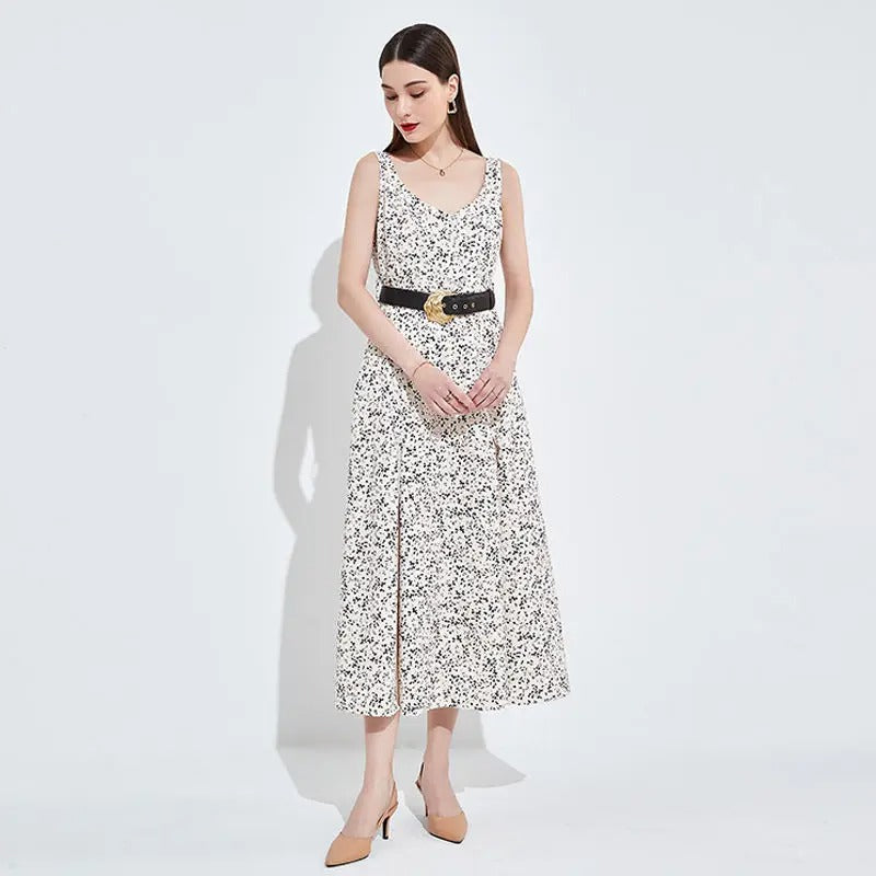 Cream sleeveless midi dress with print and belt detail