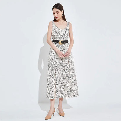 Cream sleeveless midi dress with print and belt detail