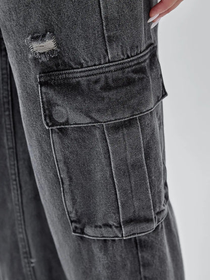 Distressed Wide-Leg Cargo Jeans in Washed Grey
