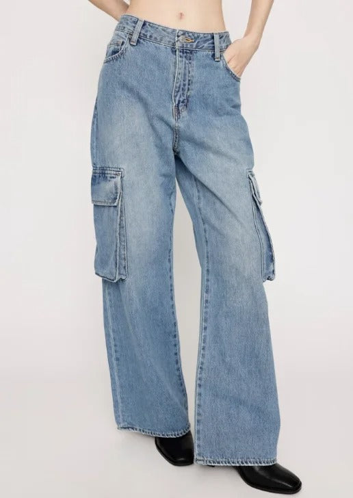 Light Blue Wide Leg Cargo Jeans