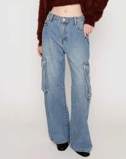 Light Blue Wide Leg Cargo Jeans