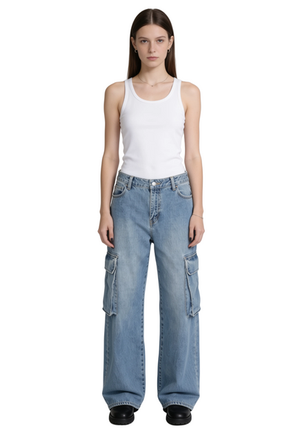 Light Blue Wide Leg Cargo Jeans
