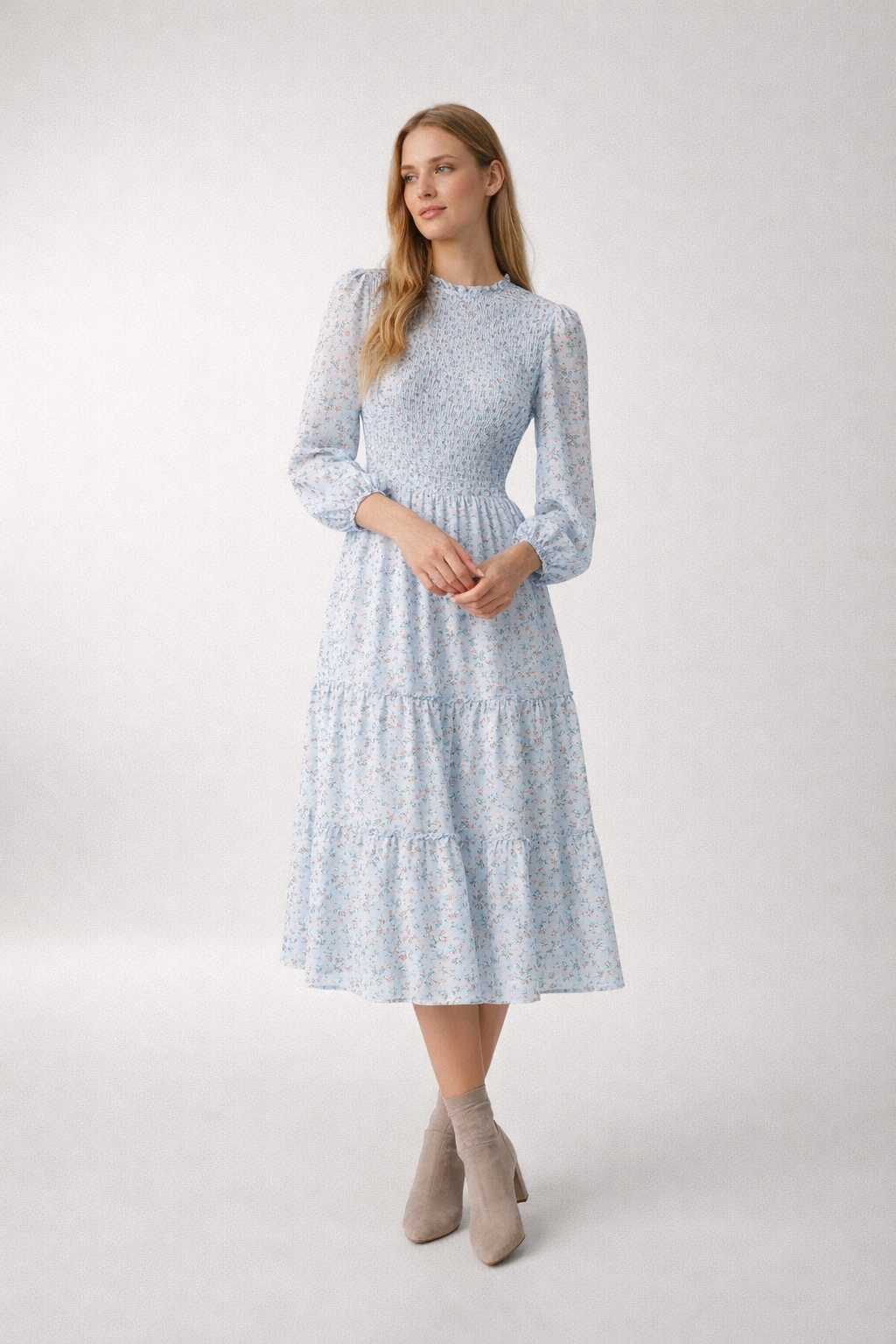 Light blue floral smocked midi dress with long sleeves