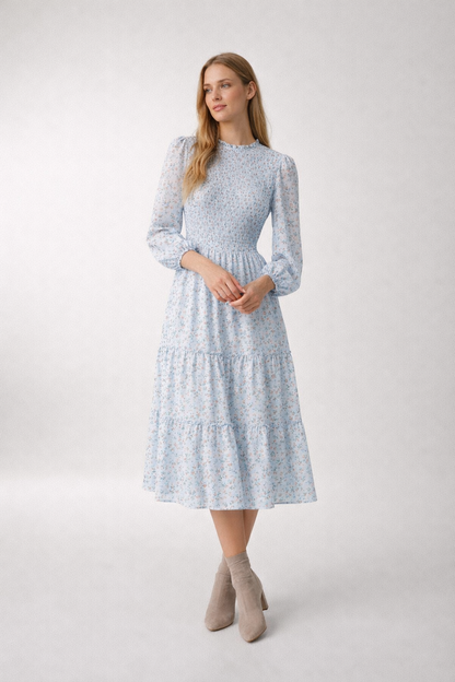 Light blue floral smocked midi dress with long sleeves