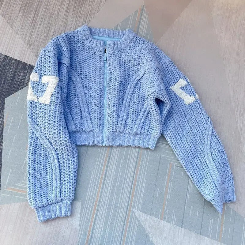 Light blue knitted two-piece set with zip cardigan