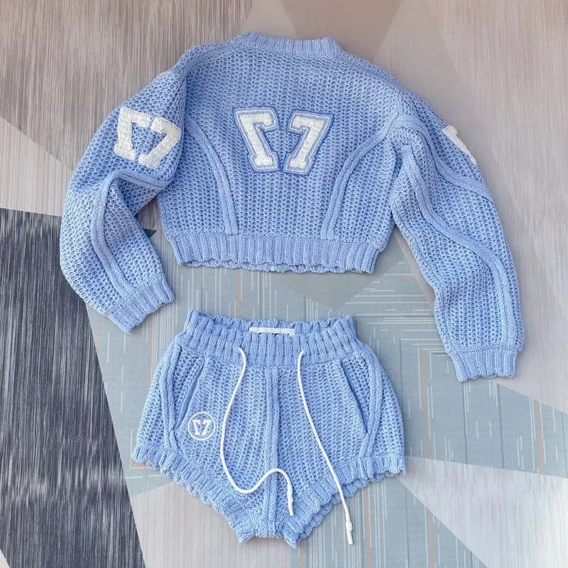 Light blue knitted two-piece set with zip cardigan