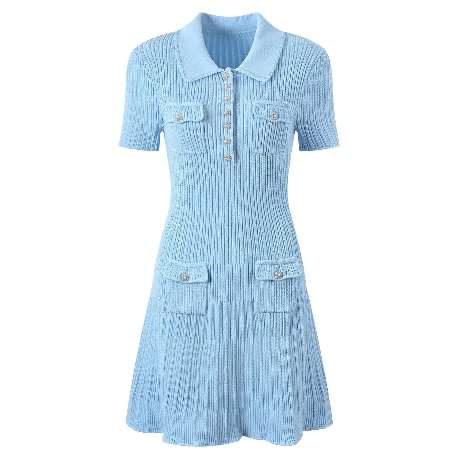 Light blue ribbed knit dress with collar and short sleeves