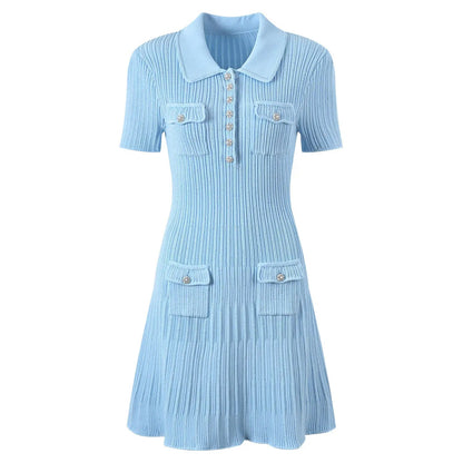 Light blue ribbed knit dress with collar and short sleeves
