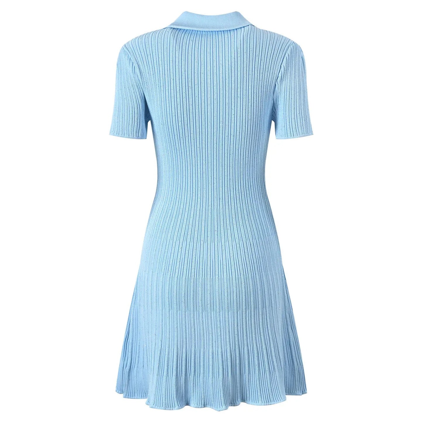Light blue ribbed knit dress with collar and short sleeves