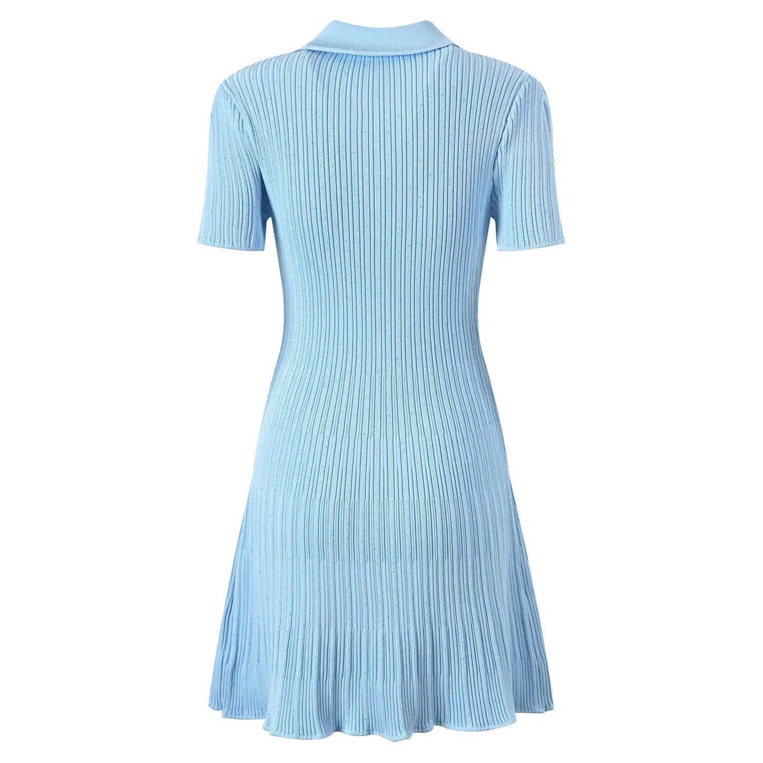 Light blue ribbed knit dress with collar and short sleeves