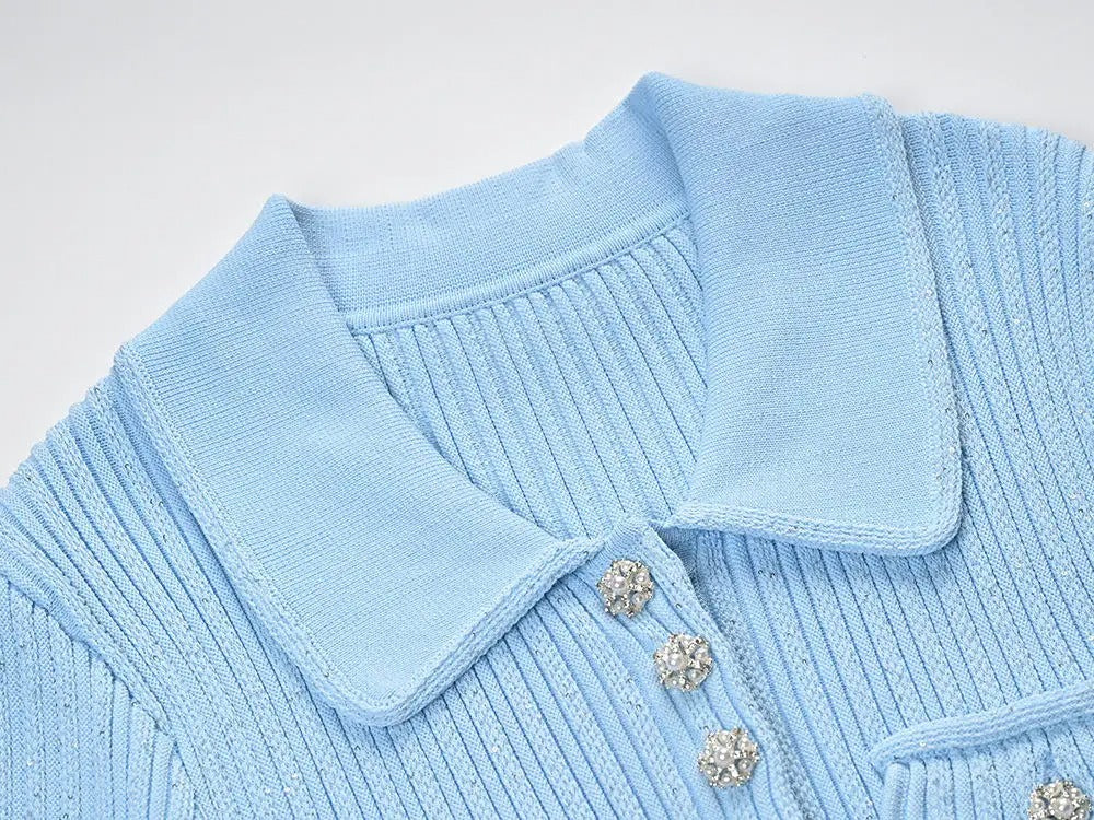 Light blue ribbed knit dress with collar and short sleeves