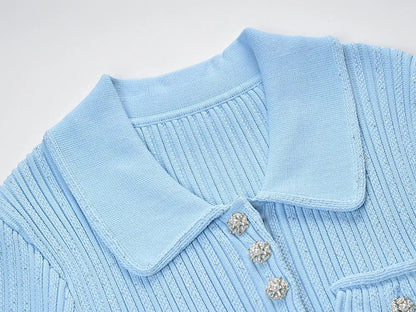 Light blue ribbed knit dress with collar and short sleeves