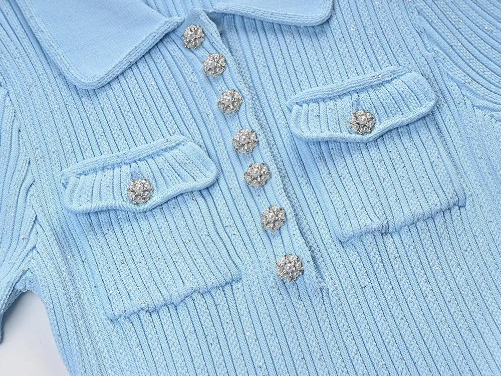 Light blue ribbed knit dress with collar and short sleeves