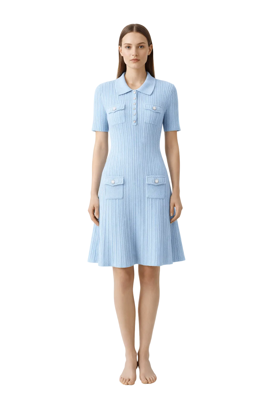 Light blue ribbed knit dress with collar and short sleeves