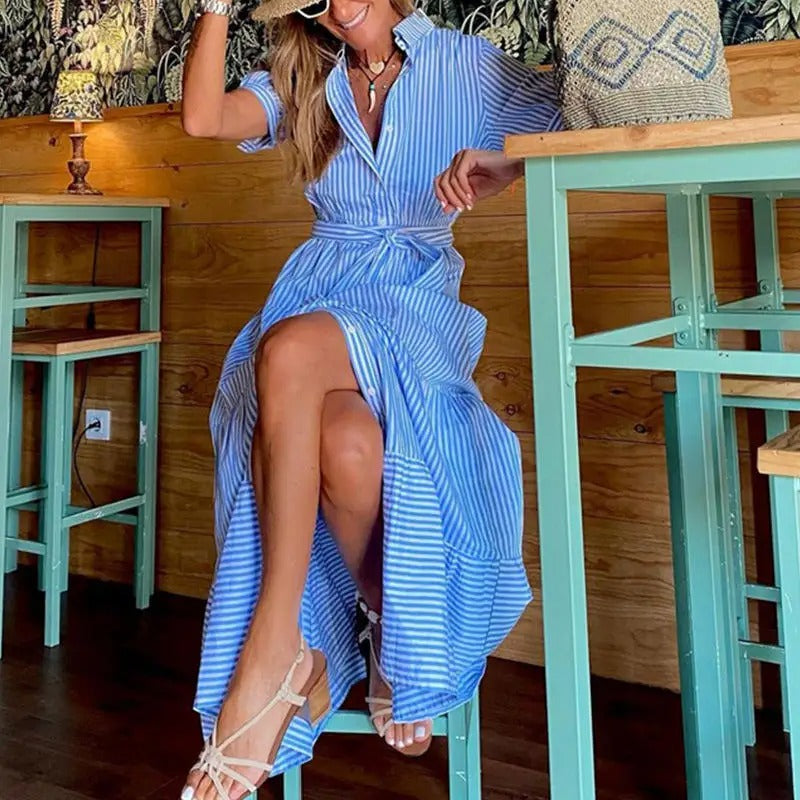 Light blue striped shirt dress with tie waist and tiered skirt