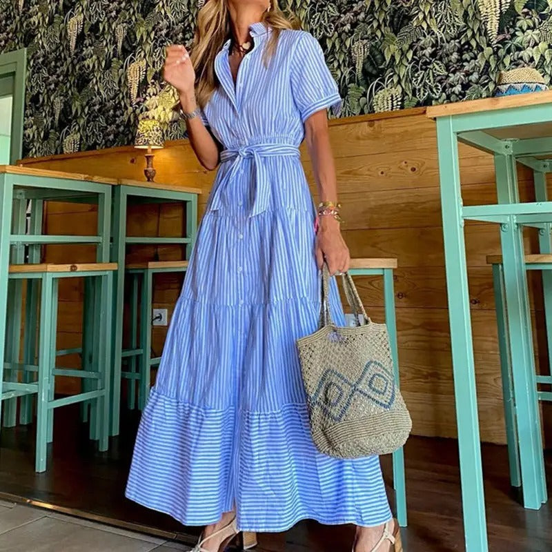 Light blue striped shirt dress with tie waist and tiered skirt