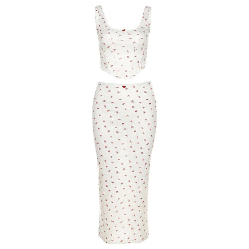 Off-white two-piece set with floral print and cropped tank top